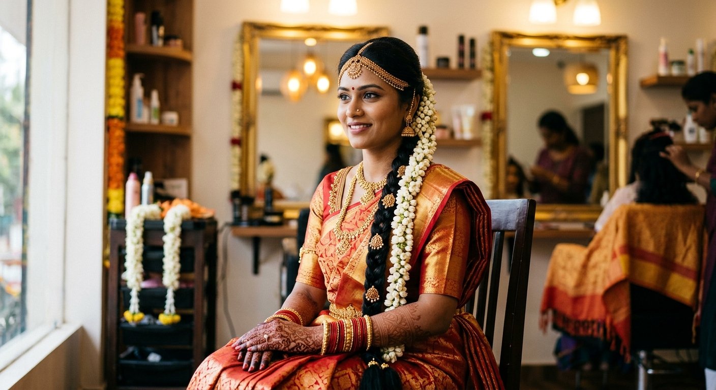 Telugu bride with jasmine flowers and silk saree
