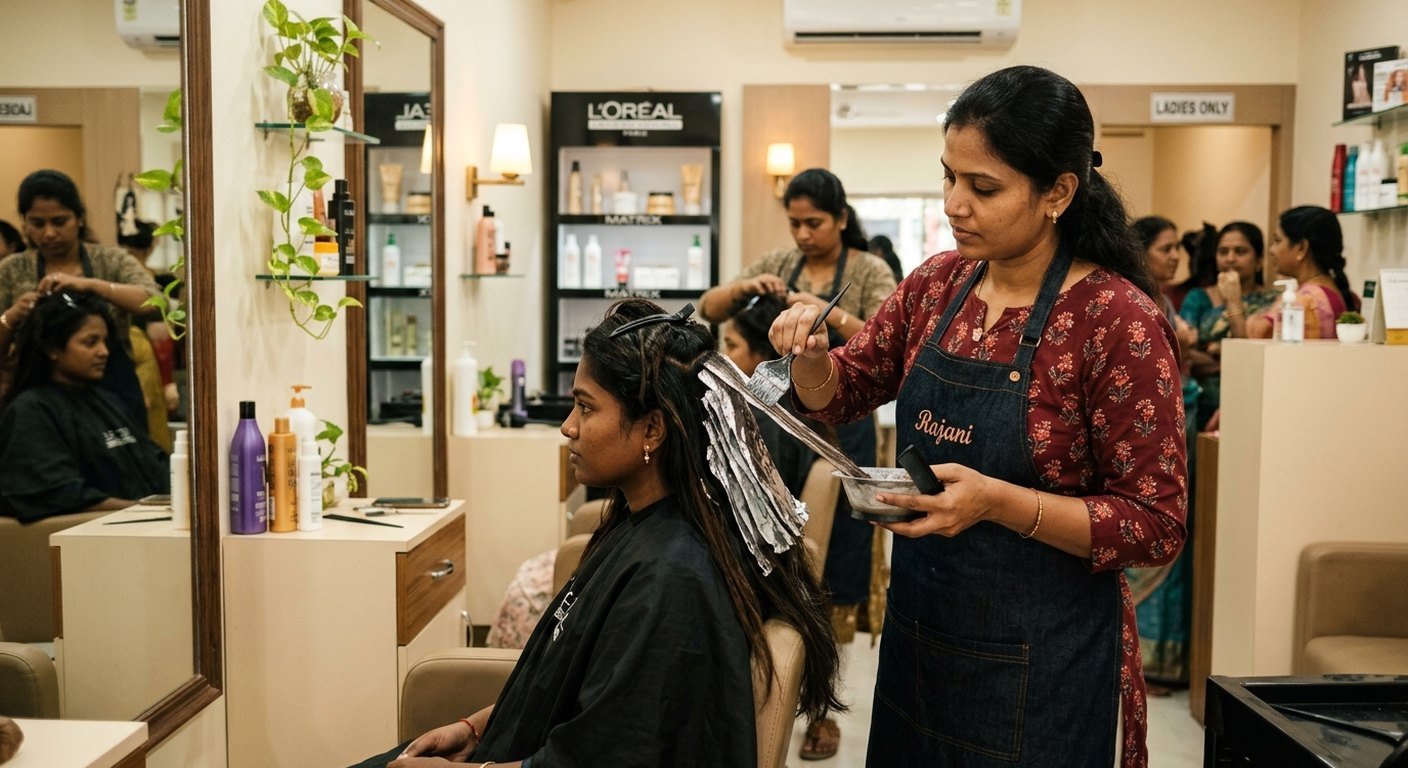 Woman getting a hair colour and highlights service at the salon
