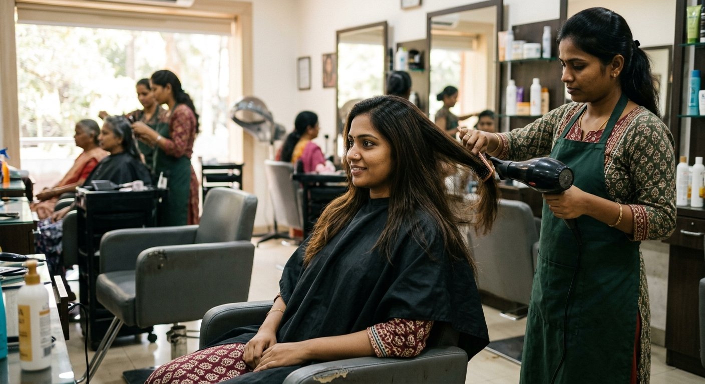 Hairstylist styling a customer's hair at the salon