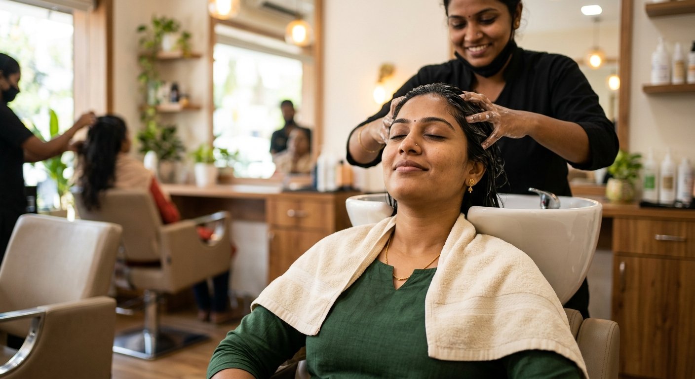 Woman enjoying a relaxing hair spa and head massage