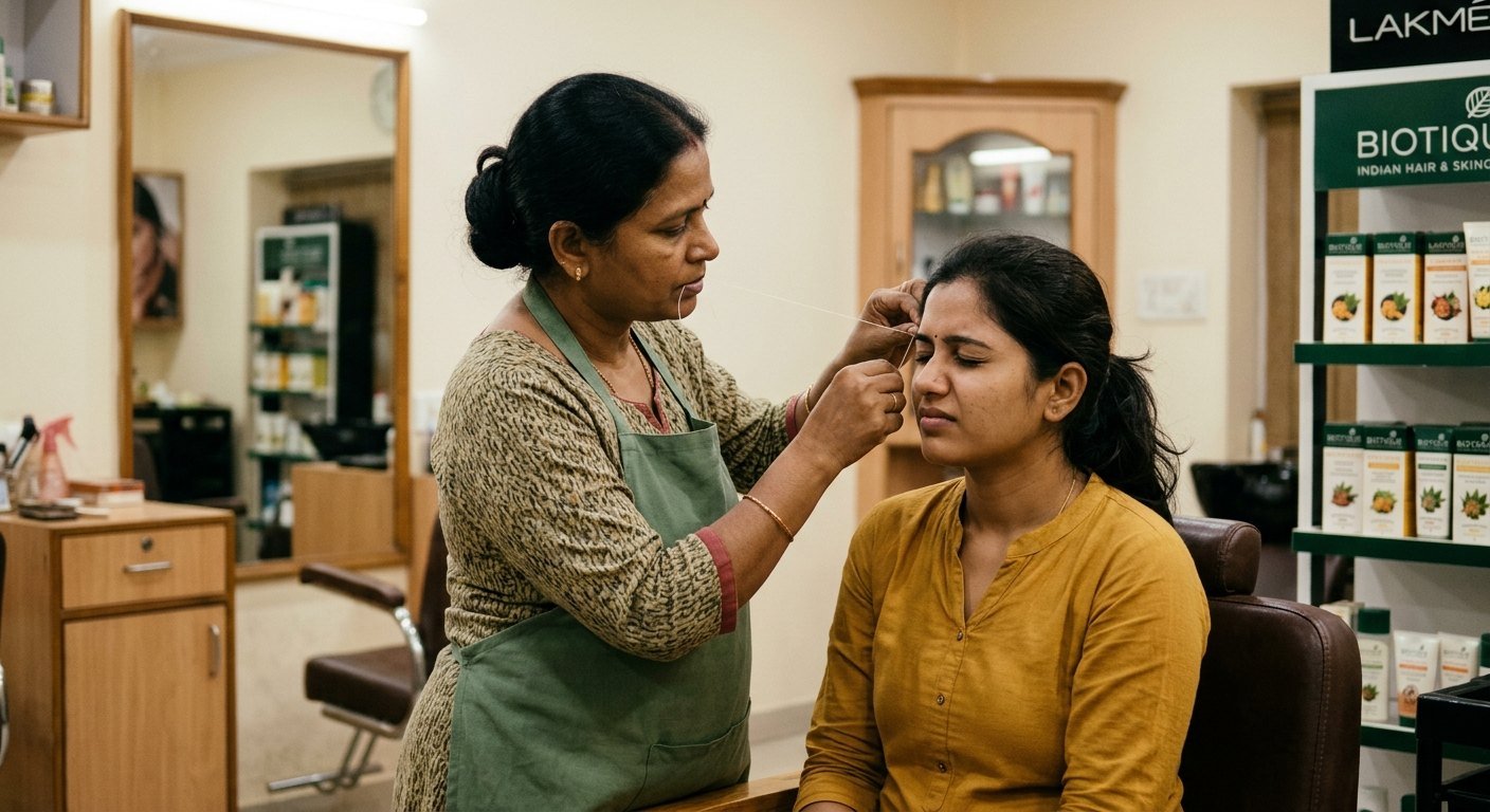 Beautician doing eyebrow threading for a woman at the salon